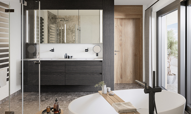 Modernes Bad in beigen und braunen Farben