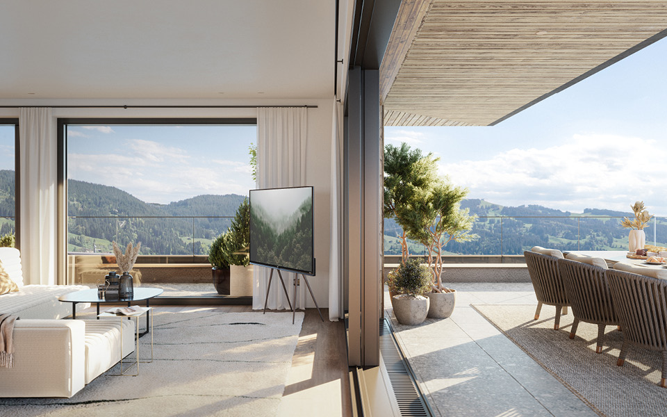 Modern eingerichtetes Penthouse mit Terrasse und Blick auf die Berge