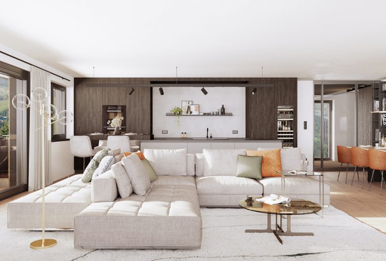 Eine großzügige Sofa mit moderner Küche im Hintergrund